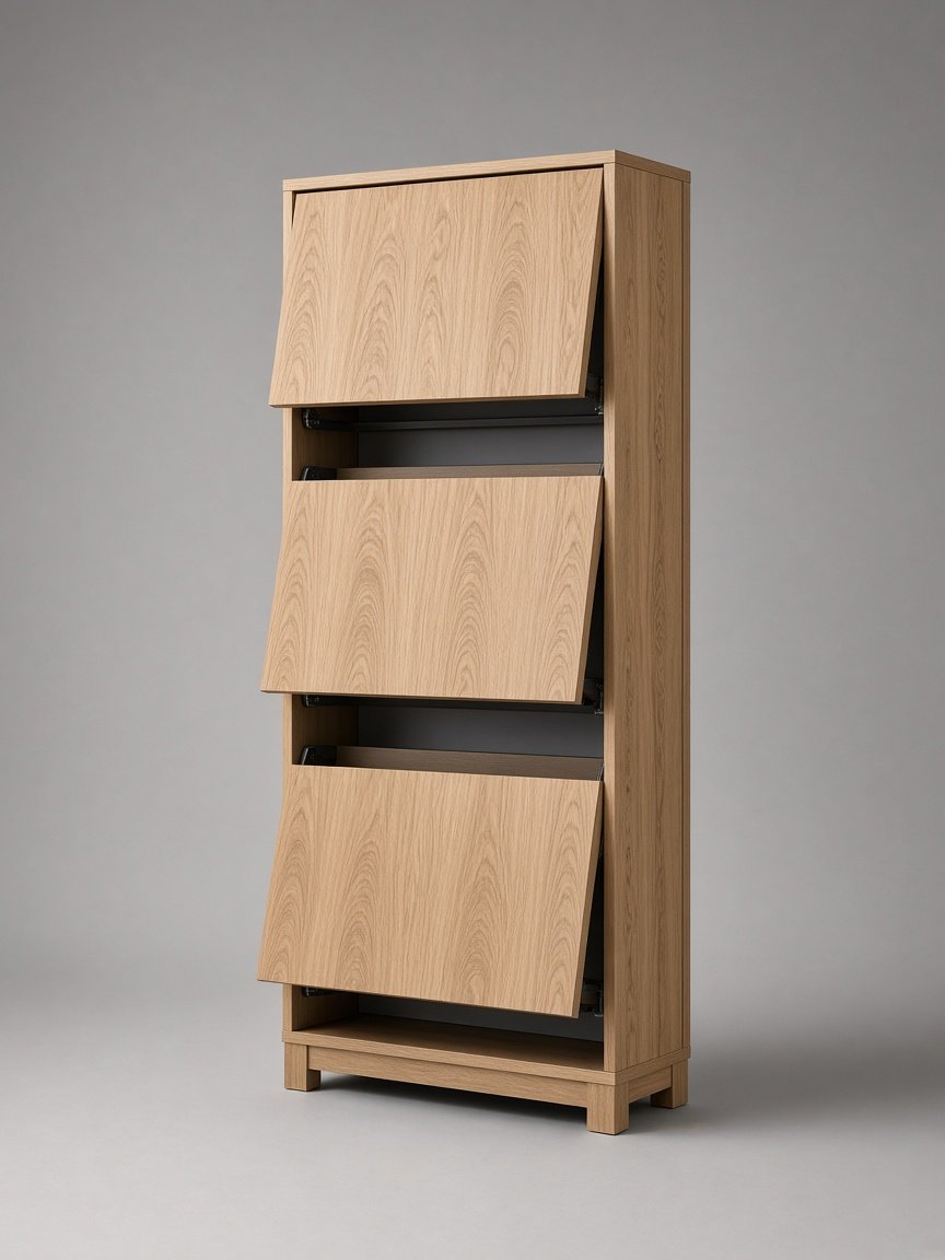 Four-Tray Shoe Cabinet — Oak finish